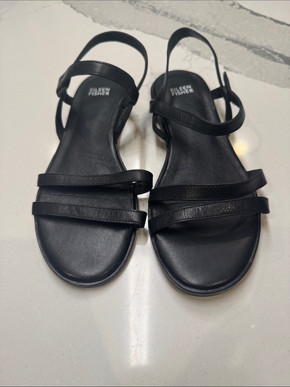 Eileen Fisher Black Leather Triple-Strap Slingback Sandals Velcro Close Sz9